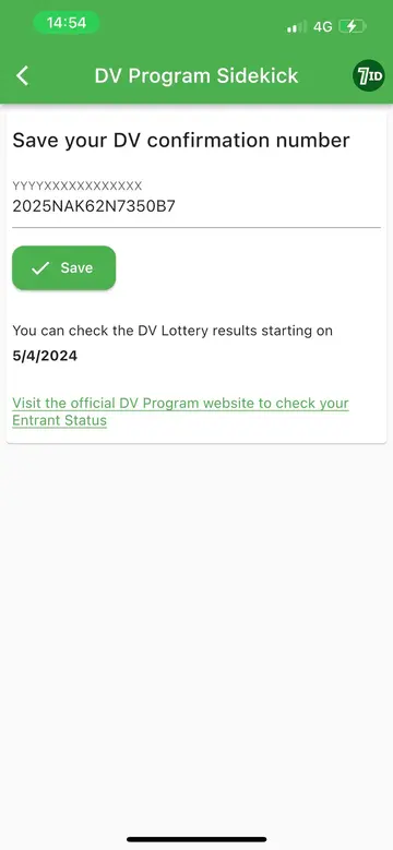 7ID: Lägg till ditt DV Lottery Conformation Number