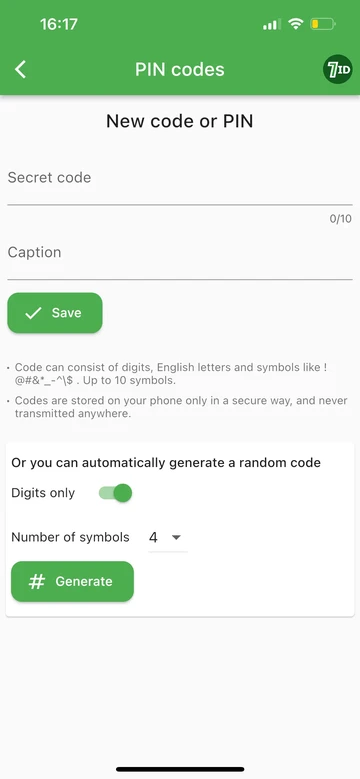 7ID: Přidejte nový PIN kód nebo jej vygenerujte