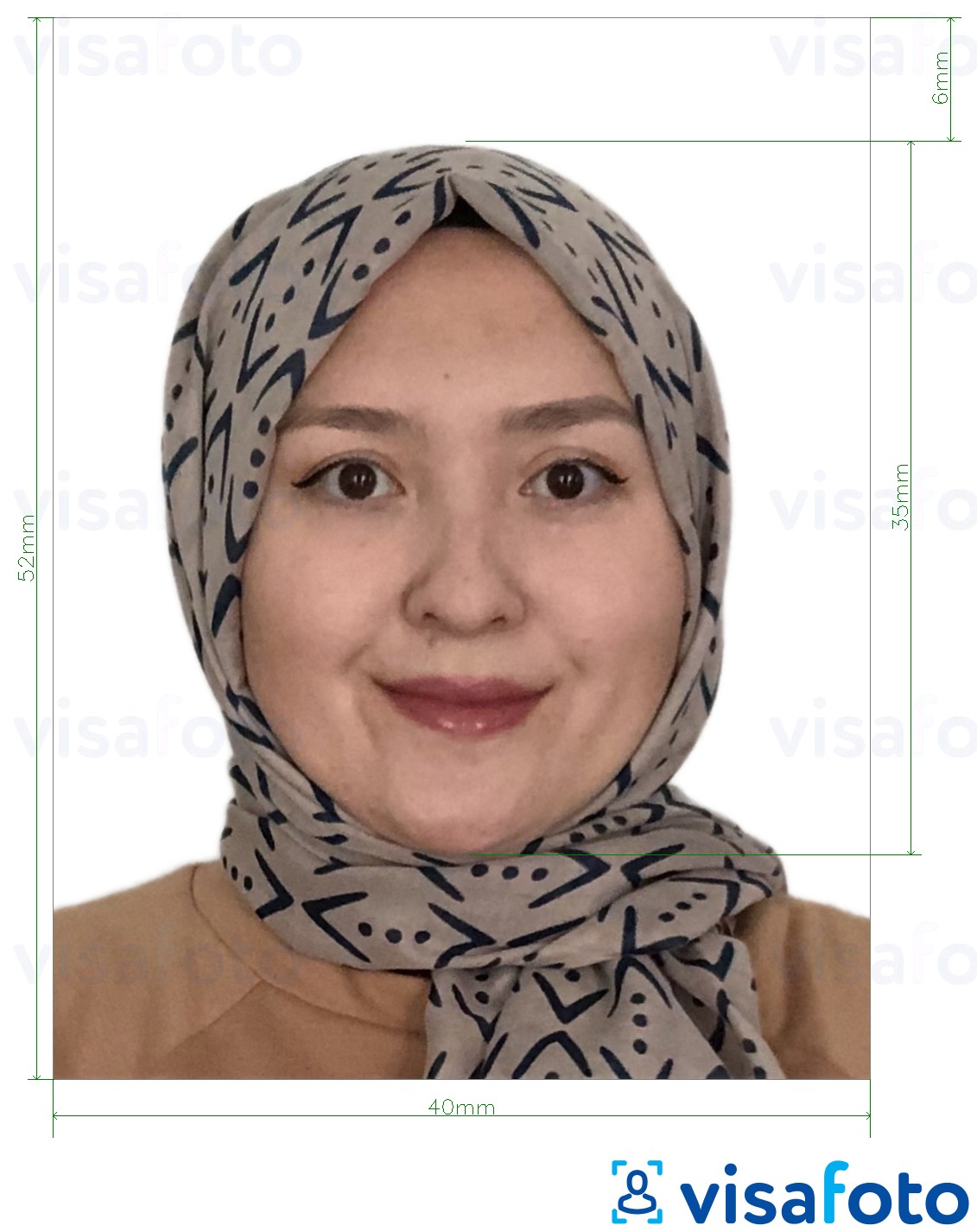 так көлөмү көрсөтүү менен Бруней паспорт 5.2x4 см (52x40 мм) сүрөтү үлгүсү