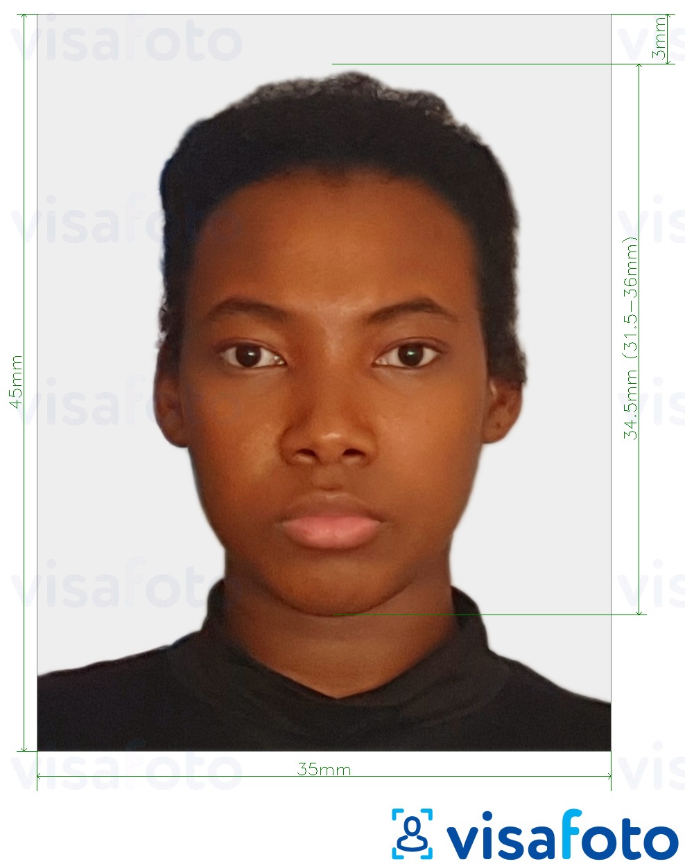 так көлөмү көрсөтүү менен Суринам паспорт 45x35 мм (1.77x1.37 дюйм) сүрөтү үлгүсү